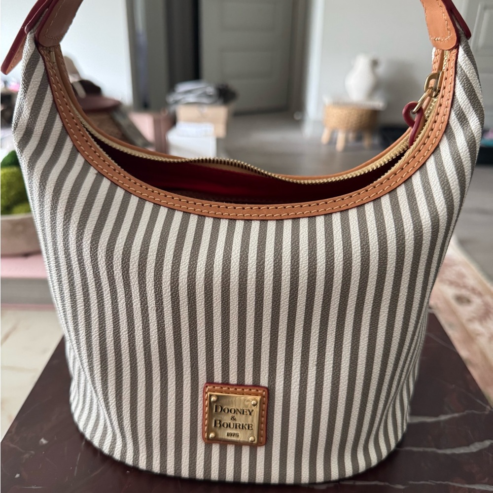 Dooney & Bourke Gray and White Striped Hobo with Tan Trim